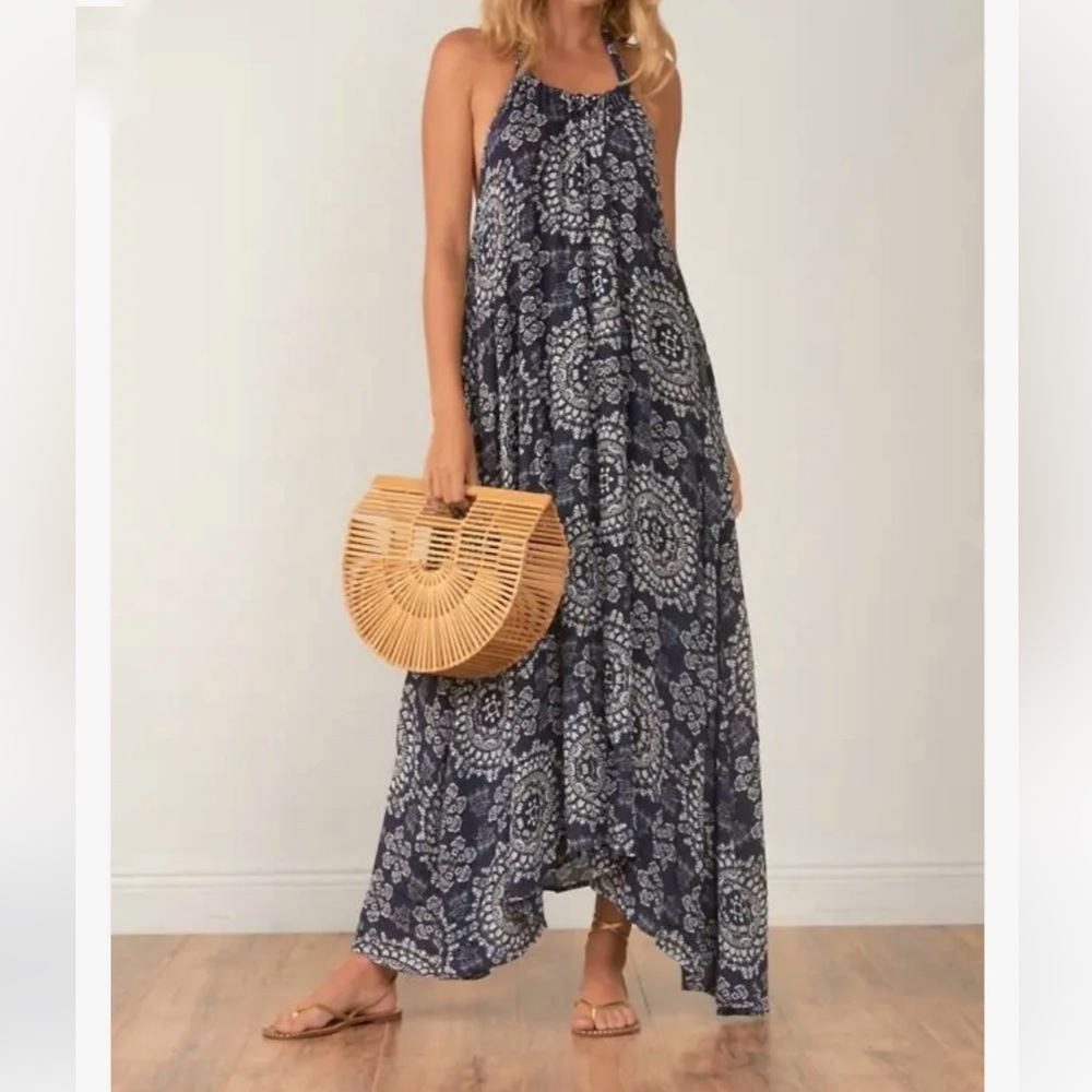 Elan Medallion Halter Maxi Dress Navy Coastal NWT-One Size